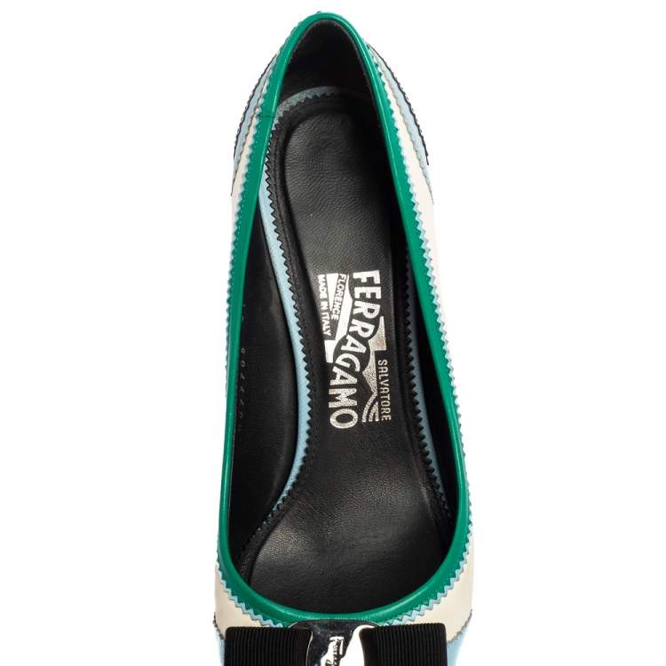 Pre Owned Salvatore Ferragamo Multicolor Leather and Patent Leather Vara Bow Pumps Size 38