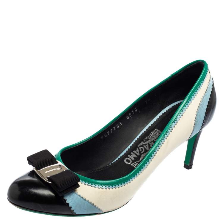 Pre Owned Salvatore Ferragamo Multicolor Leather and Patent Leather Vara Bow Pumps Size 38
