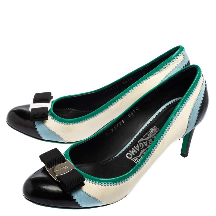Pre Owned Salvatore Ferragamo Multicolor Leather and Patent Leather Vara Bow Pumps Size 38