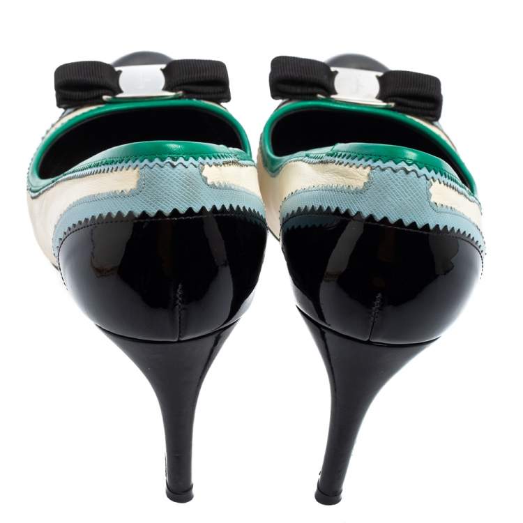 Pre Owned Salvatore Ferragamo Multicolor Leather and Patent Leather Vara Bow Pumps Size 38