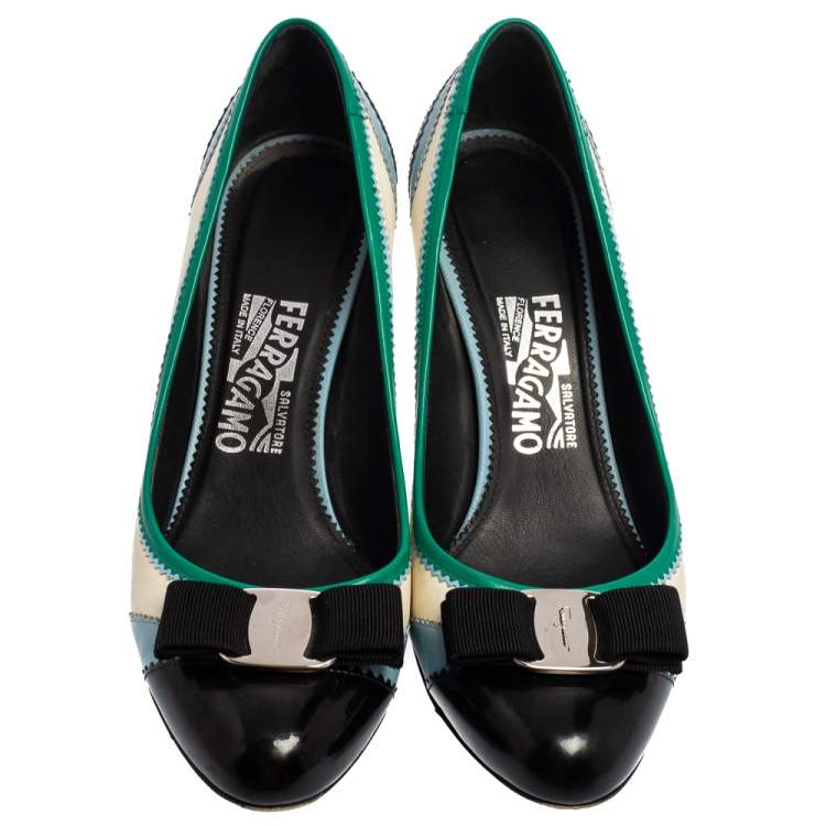 Pre Owned Salvatore Ferragamo Multicolor Leather and Patent Leather Vara Bow Pumps Size 38