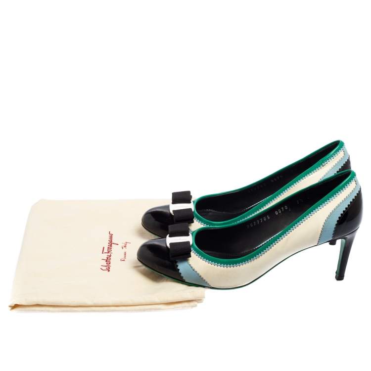 Pre Owned Salvatore Ferragamo Multicolor Leather and Patent Leather Vara Bow Pumps Size 38