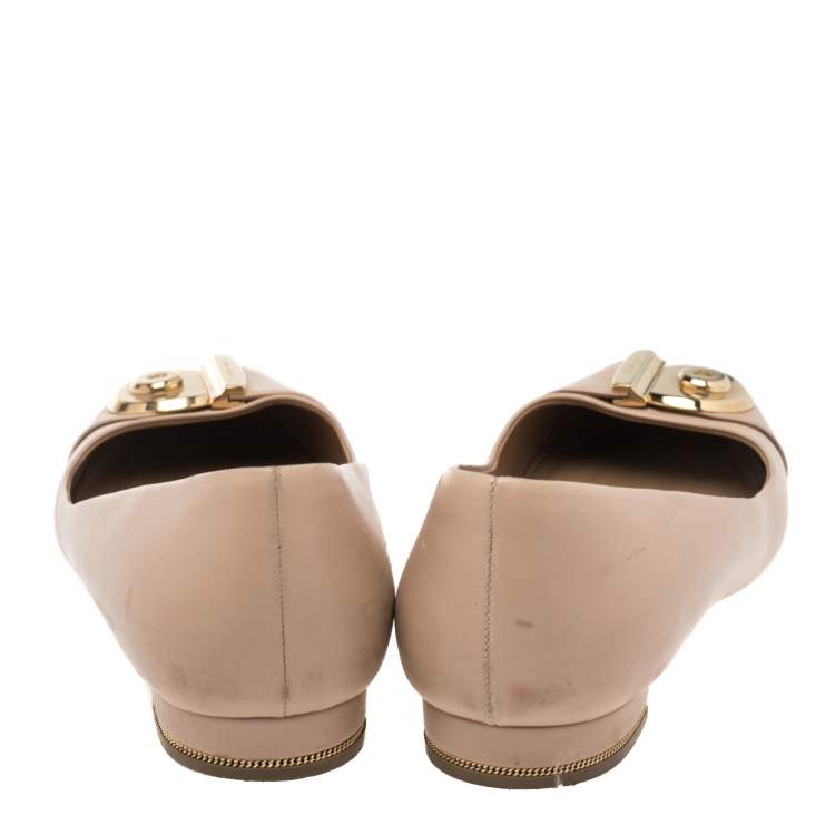 Pre Owned Salvatore Ferragamo Beige Leather Lola Ballet Flats Size 39.5