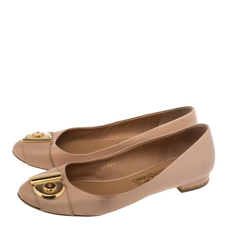 Pre Owned Salvatore Ferragamo Beige Leather Lola Ballet Flats Size 39.5