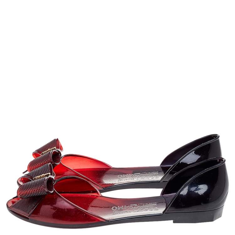 Pre Owned Salvatore Ferragamo Burgundy Jelly Barbados Metal Bow Peep Toe D'orsay Flats Size 38.5