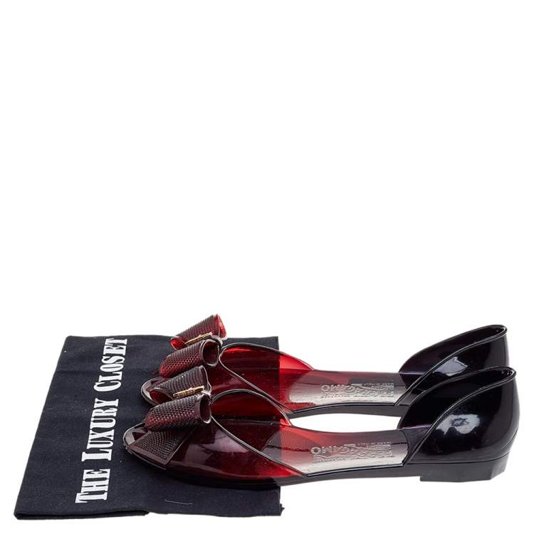 Pre Owned Salvatore Ferragamo Burgundy Jelly Barbados Metal Bow Peep Toe D'orsay Flats Size 38.5