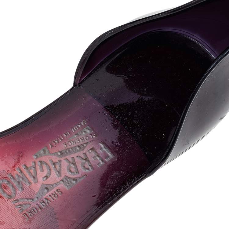 Pre Owned Salvatore Ferragamo Burgundy Jelly Barbados Metal Bow Peep Toe D'orsay Flats Size 38.5