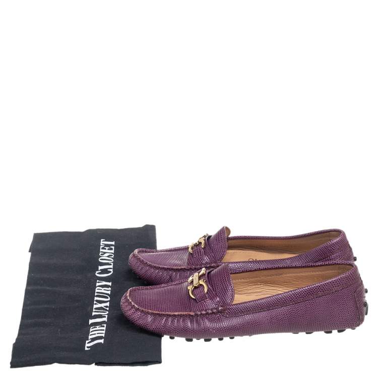 Pre Owned Salvatore Ferragamo Purple Lizard Embossed  Leather Gancini Bit Loafers Size 36