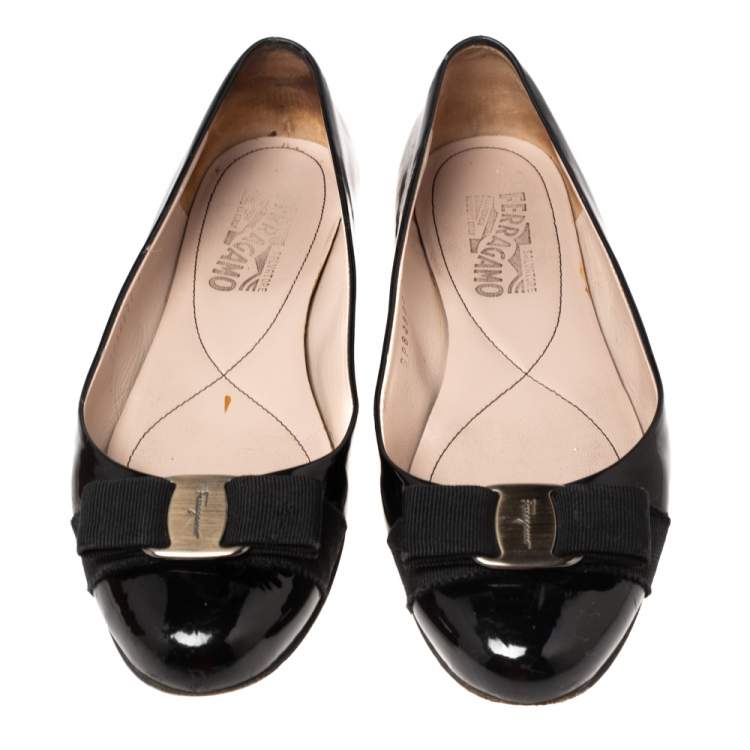 Pre Owned Salvatore Ferragamo Black Patent Leather Vara Bow Ballet Flats Size 38