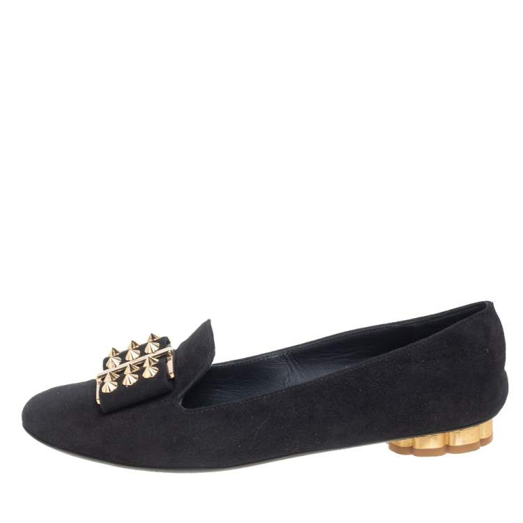 Pre Owned Salvatore Ferragamo Black Suede Bow Detail Smoking Slippers Size 36