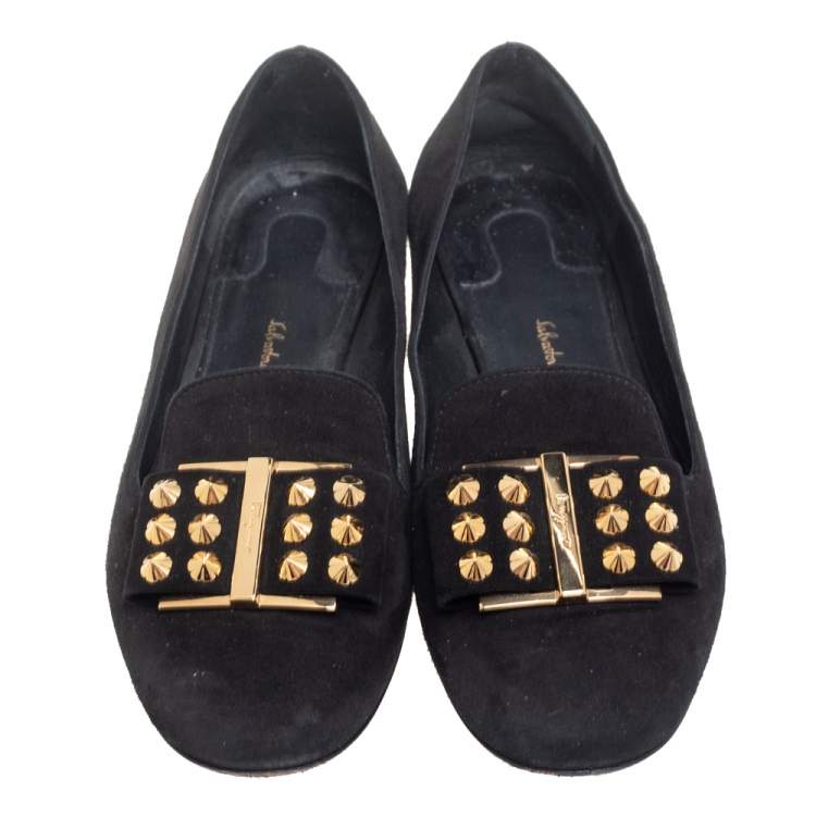 Pre Owned Salvatore Ferragamo Black Suede Bow Detail Smoking Slippers Size 36