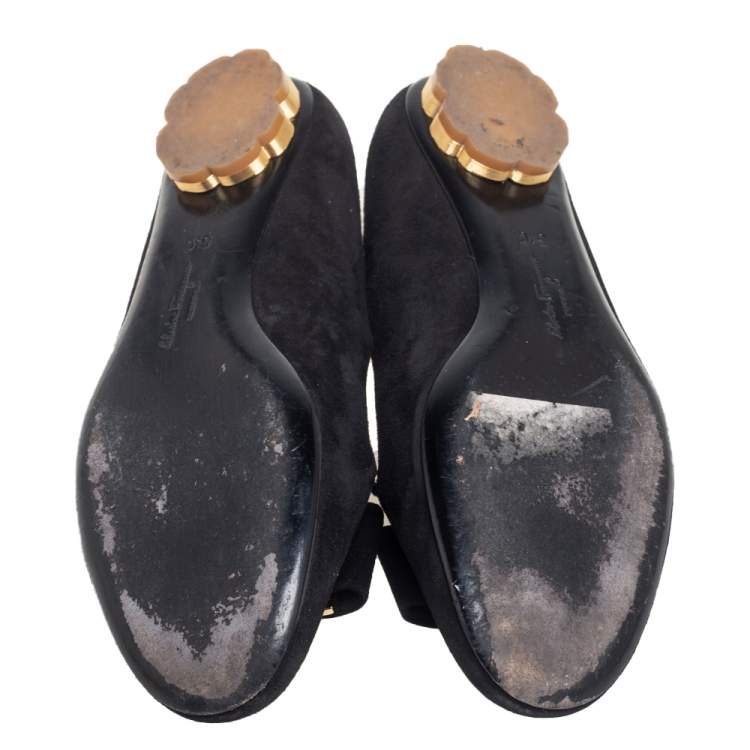 Pre Owned Salvatore Ferragamo Black Suede Bow Detail Smoking Slippers Size 36