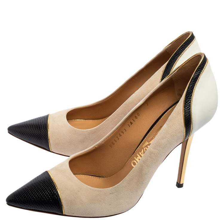 Pre Owned Salvatore Ferragamo Tri-Color Suede and Lizard Embossed Leather Pointed Cap Toe Pumps Size 37.5