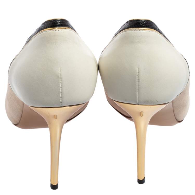 Pre Owned Salvatore Ferragamo Tri-Color Suede and Lizard Embossed Leather Pointed Cap Toe Pumps Size 37.5