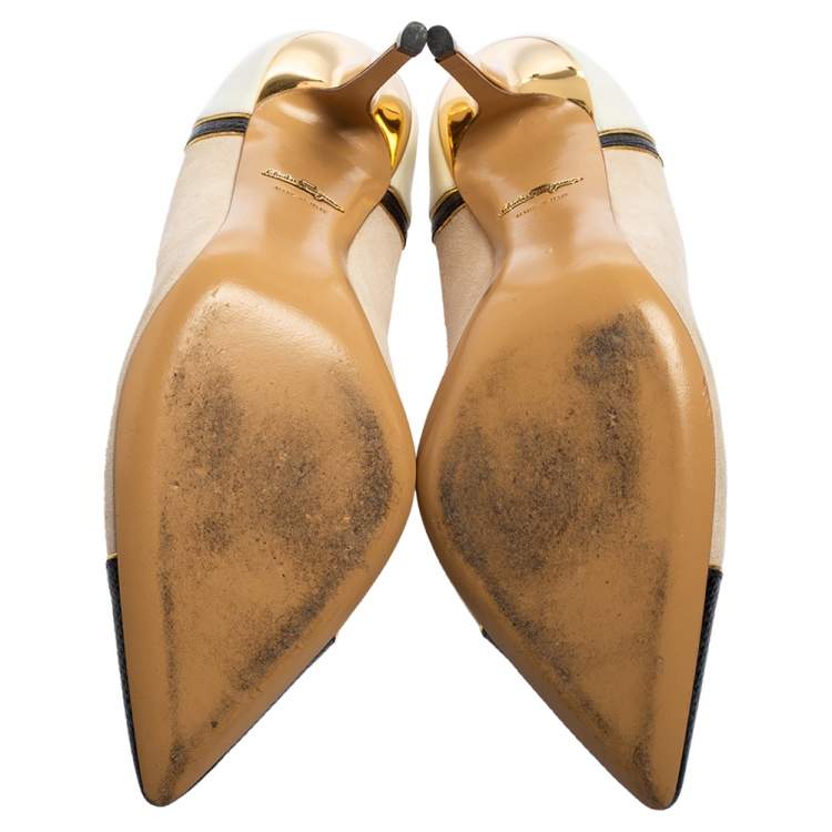 Pre Owned Salvatore Ferragamo Tri-Color Suede and Lizard Embossed Leather Pointed Cap Toe Pumps Size 37.5