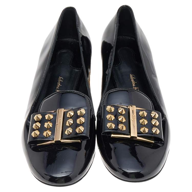 Pre Owned Salvatore Ferragamo Black Patent Leather Smoking Slippers Size 36.5