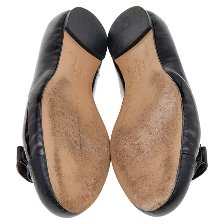 Pre Owned Salvatore Ferragamo Two Tone Patent Leather And Lizard Embossed Leather Cap Toe Vara Bow Ballet Flats Size 37.5