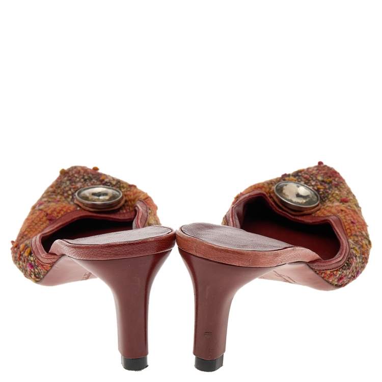 Pre Owned Salvatore Ferragamo Multicolor Tweed Crystal Embellished Pointed Toe Mule Sandals Size 38.5