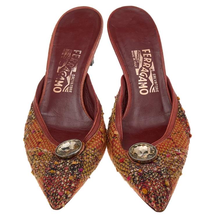 Pre Owned Salvatore Ferragamo Multicolor Tweed Crystal Embellished Pointed Toe Mule Sandals Size 38.5