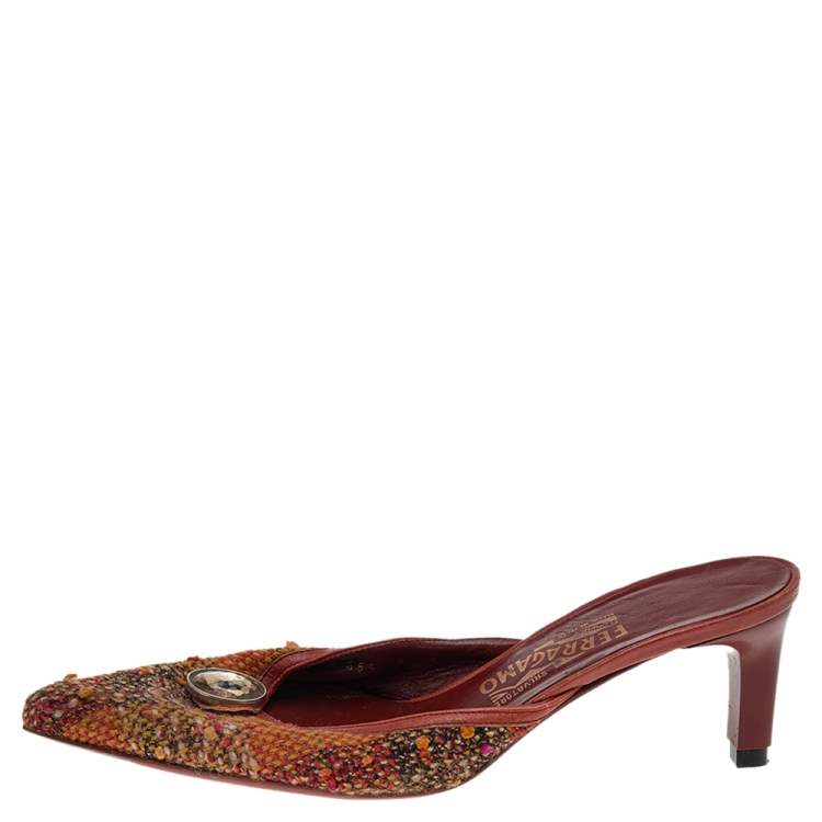 Pre Owned Salvatore Ferragamo Multicolor Tweed Crystal Embellished Pointed Toe Mule Sandals Size 38.5