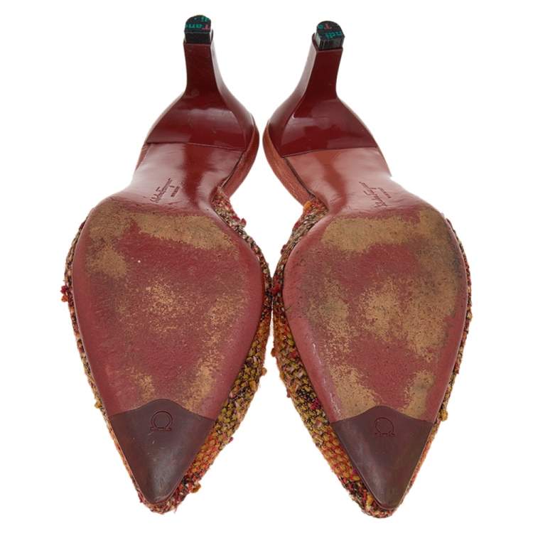 Pre Owned Salvatore Ferragamo Multicolor Tweed Crystal Embellished Pointed Toe Mule Sandals Size 38.5