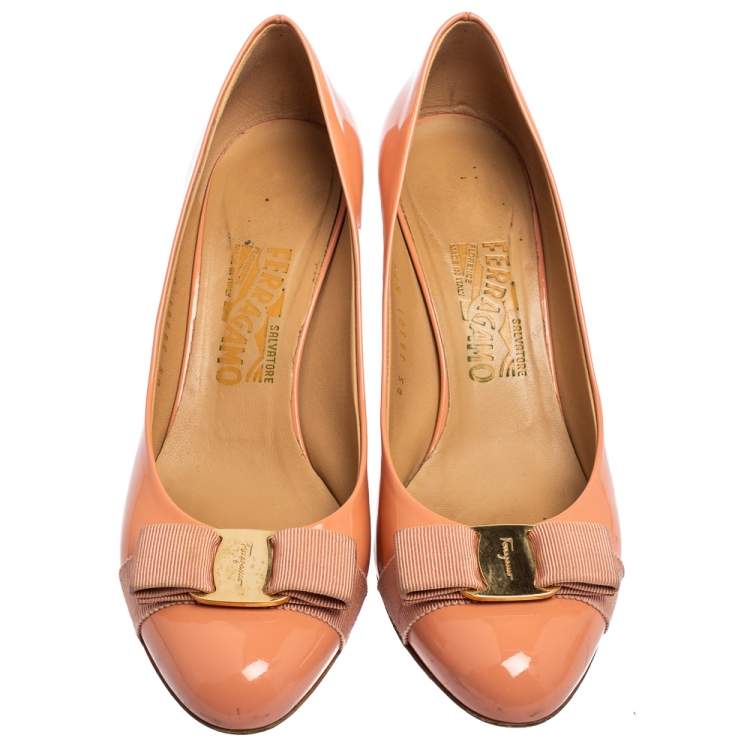 Pre Owned Salvatore Ferragamo Pink Patent Leather Pimpa Vara Bow Pumps Size 38.5