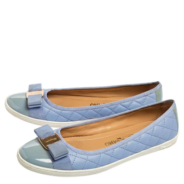 Pre Owned Salvatore Ferragamo Blue Patent And Leather Vara Bow Ballet Flats Size 39