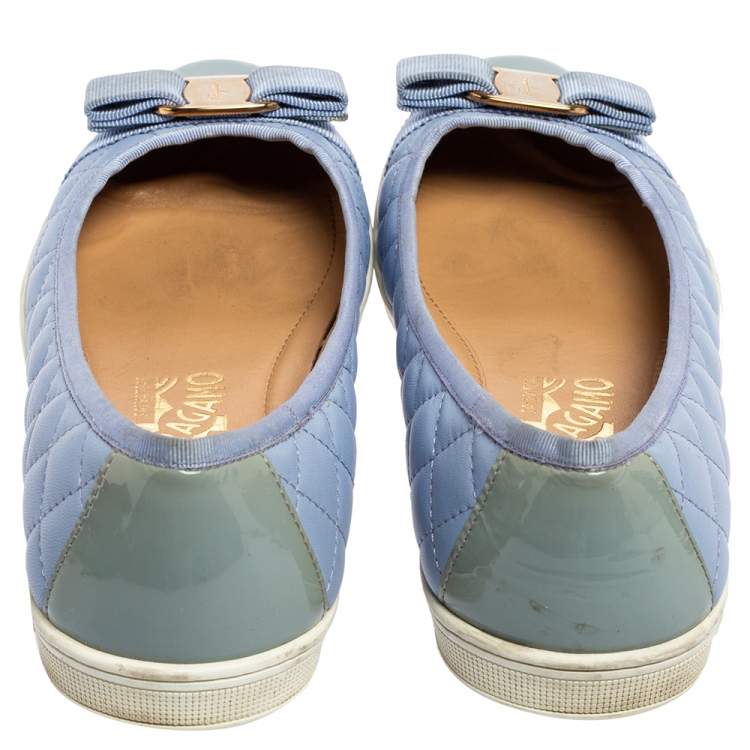 Pre Owned Salvatore Ferragamo Blue Patent And Leather Vara Bow Ballet Flats Size 39