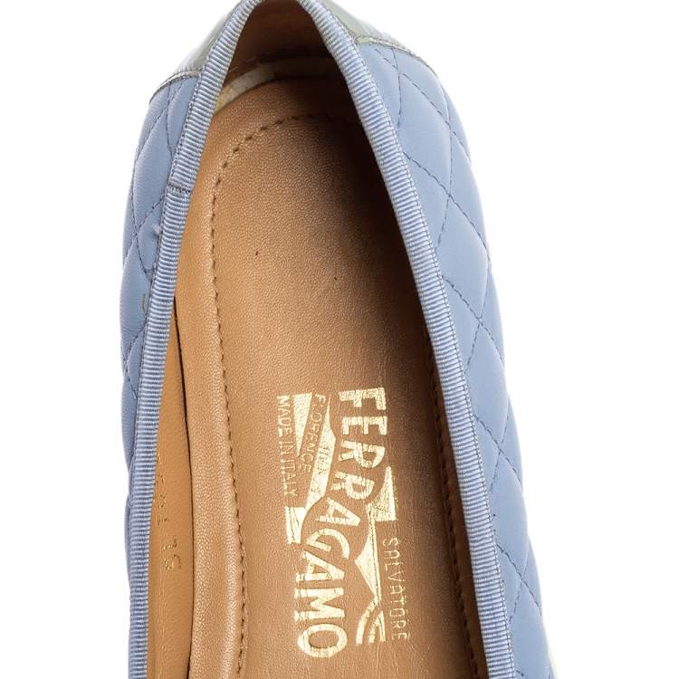 Pre Owned Salvatore Ferragamo Blue Patent And Leather Vara Bow Ballet Flats Size 39