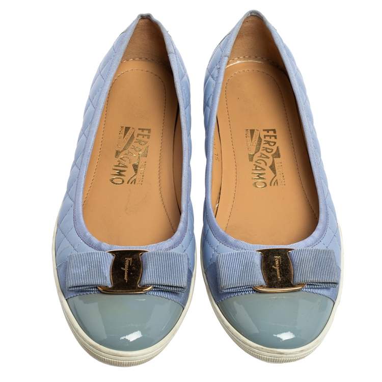 Pre Owned Salvatore Ferragamo Blue Patent And Leather Vara Bow Ballet Flats Size 39