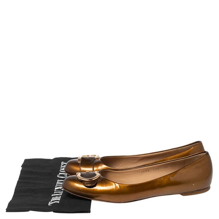 Pre Owned Salvatore Ferragamo Bronze Patent Leather Buckle Detail Ballet Flats Size 40