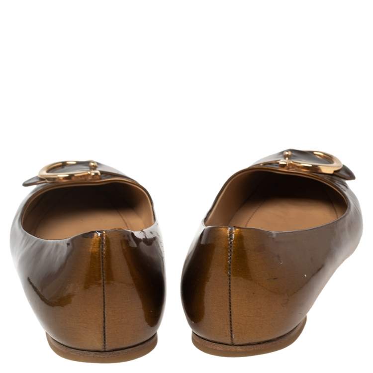 Pre Owned Salvatore Ferragamo Bronze Patent Leather Buckle Detail Ballet Flats Size 40