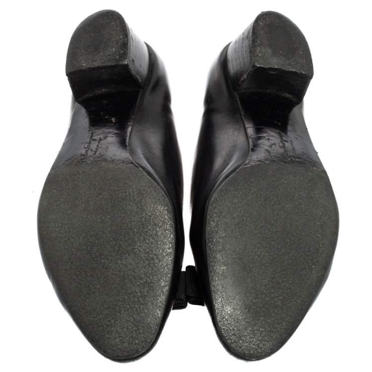 Pre Owned Salvatore Ferragamo Black Leather Vara Bow Ballet Flats Size 37.5