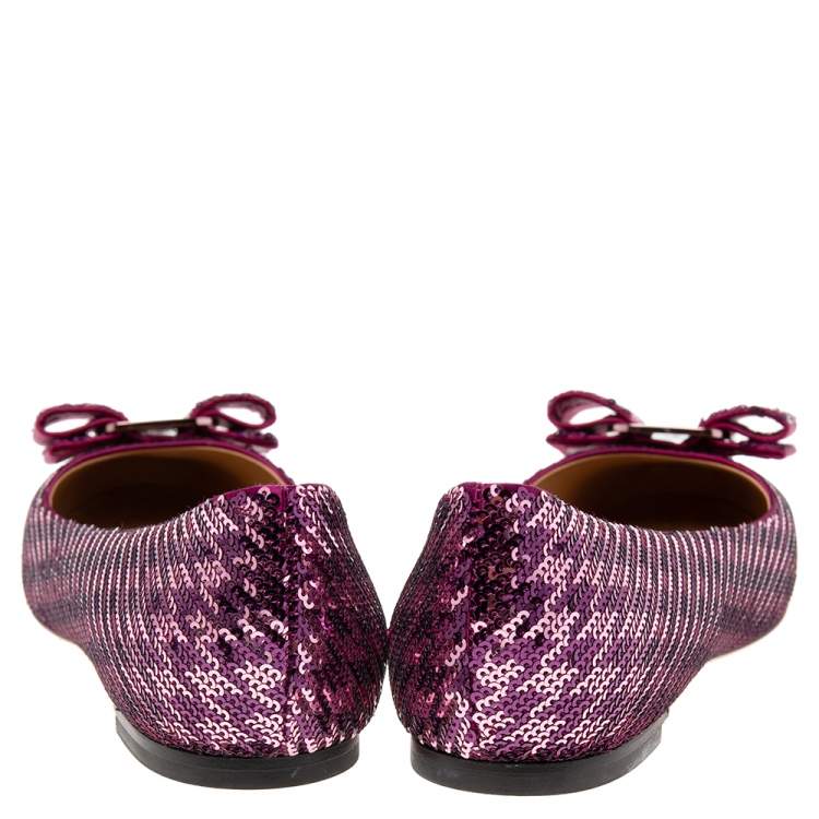 Pre Owned Salvatore Ferragamo Purple Sequins Varina Ballet Flats Size 36.5