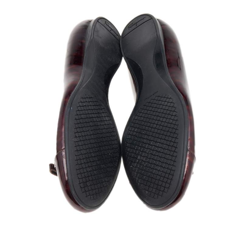 Pre Owned Salvatore Ferragamo Burgundy Patent Leather Vara Bow Flats Size 38.5