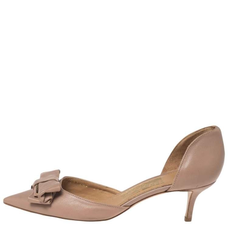 Pre Owned Salvatore Ferragamo Beige  Leather  Bow Rietta D’orsay Pointed Toe Pumps Size 37
