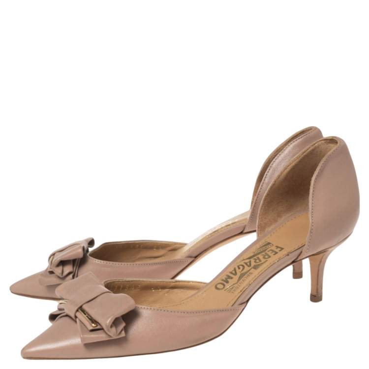 Pre Owned Salvatore Ferragamo Beige  Leather  Bow Rietta D’orsay Pointed Toe Pumps Size 37