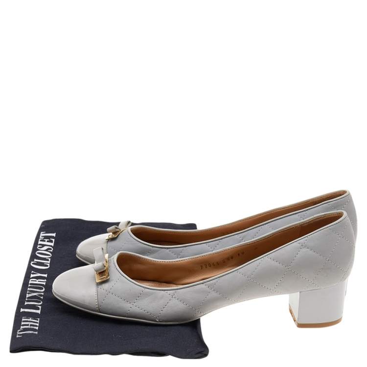 Pre Owned Salvatore Ferragamo Grey Patent Leather And Quilted Leather Block Heel Pumps Size 40.5