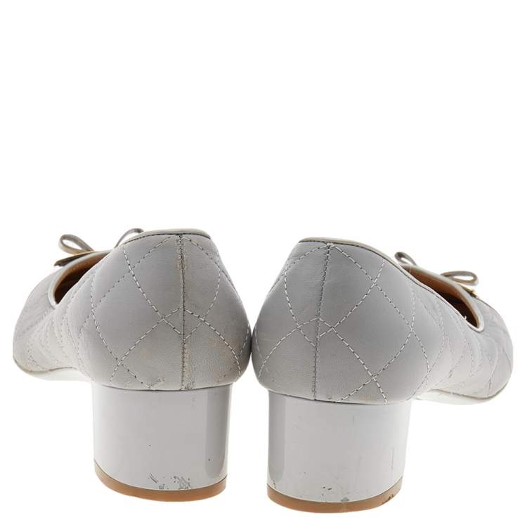 Pre Owned Salvatore Ferragamo Grey Patent Leather And Quilted Leather Block Heel Pumps Size 40.5
