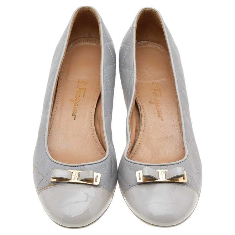 Pre Owned Salvatore Ferragamo Grey Patent Leather And Quilted Leather Block Heel Pumps Size 40.5