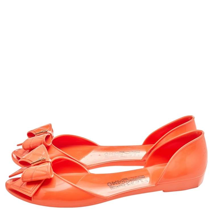 Pre Owned Salvatore Ferragamo Orange Rubber Bow D'orsay Flats Size 40.5