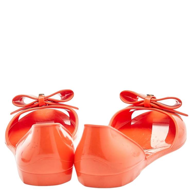 Pre Owned Salvatore Ferragamo Orange Rubber Bow D'orsay Flats Size 40.5
