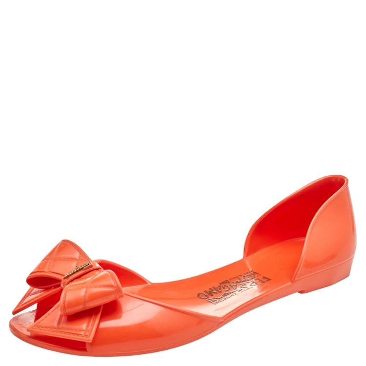 Pre Owned Salvatore Ferragamo Orange Rubber Bow D'orsay Flats Size 40.5