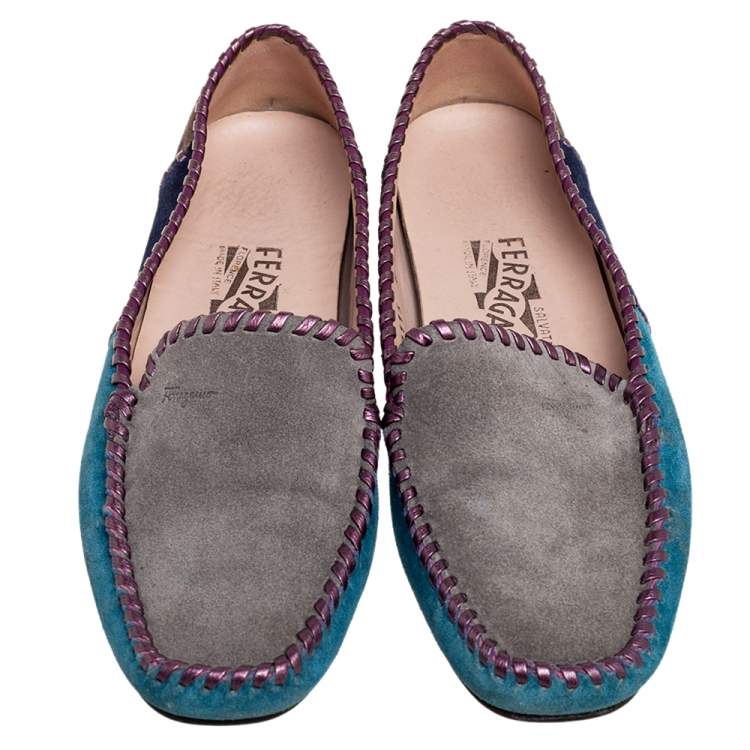 مملوكة مسبقًا Salvatore Ferragamo Multicolor Suede Slip On Loafers Size 37.5