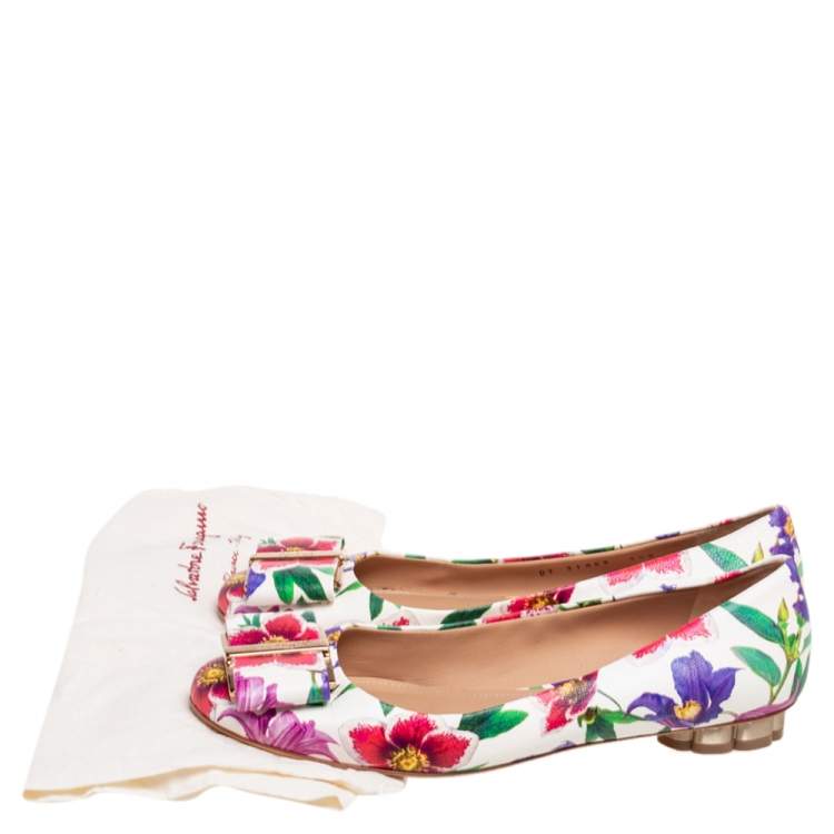 Pre Owned Salvatore Ferragamo Multicolor Floral Print Leather Avola Bow Ballet Flats Size 36 