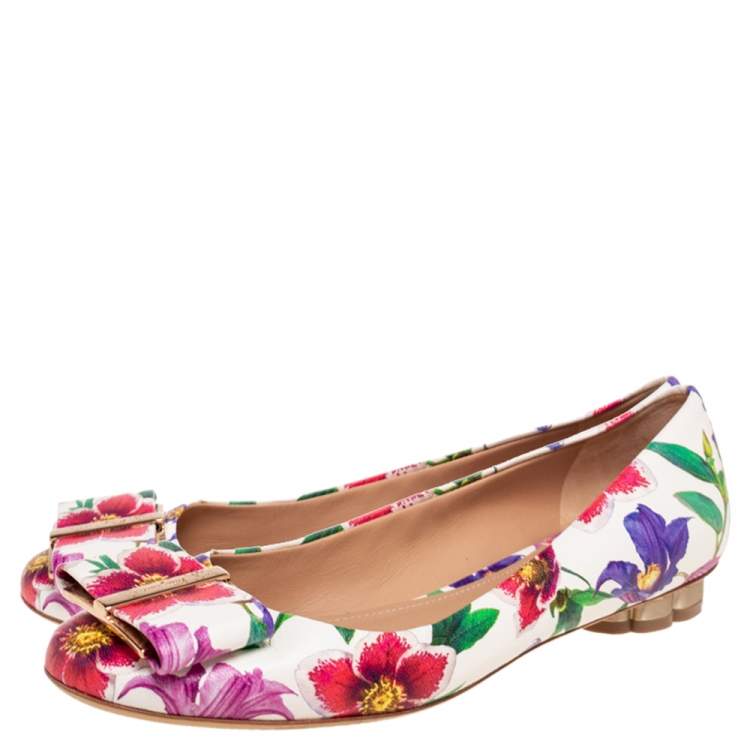 Pre Owned Salvatore Ferragamo Multicolor Floral Print Leather Avola Bow Ballet Flats Size 36 