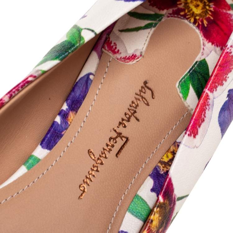 Pre Owned Salvatore Ferragamo Multicolor Floral Print Leather Avola Bow Ballet Flats Size 36 