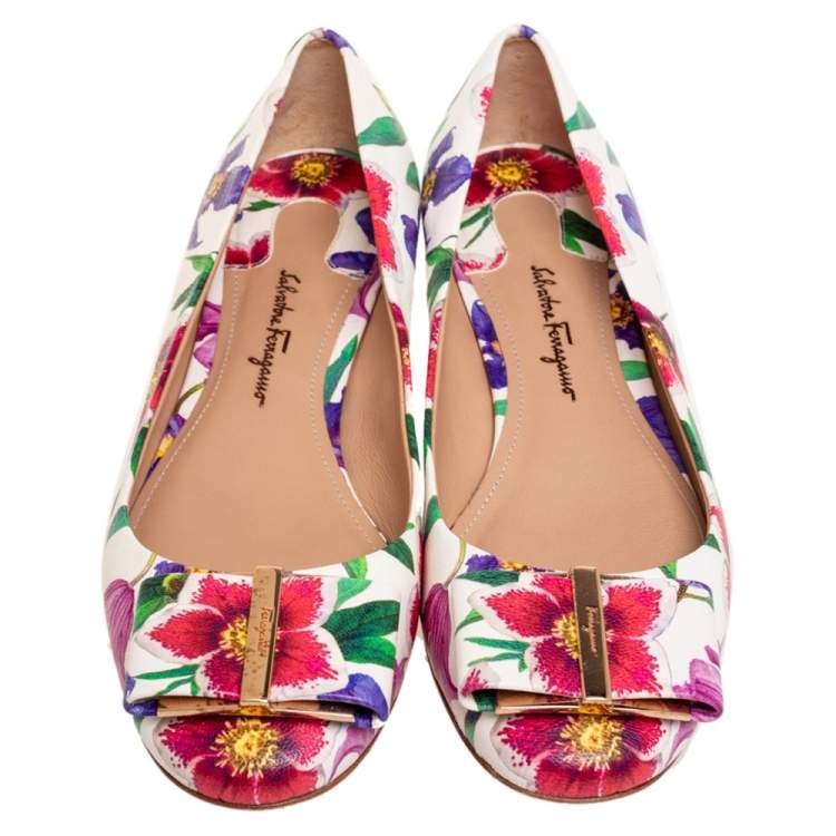 Pre Owned Salvatore Ferragamo Multicolor Floral Print Leather Avola Bow Ballet Flats Size 36 
