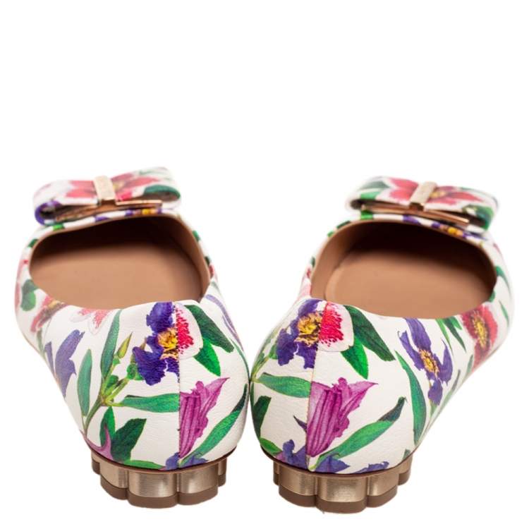 Pre Owned Salvatore Ferragamo Multicolor Floral Print Leather Avola Bow Ballet Flats Size 36 