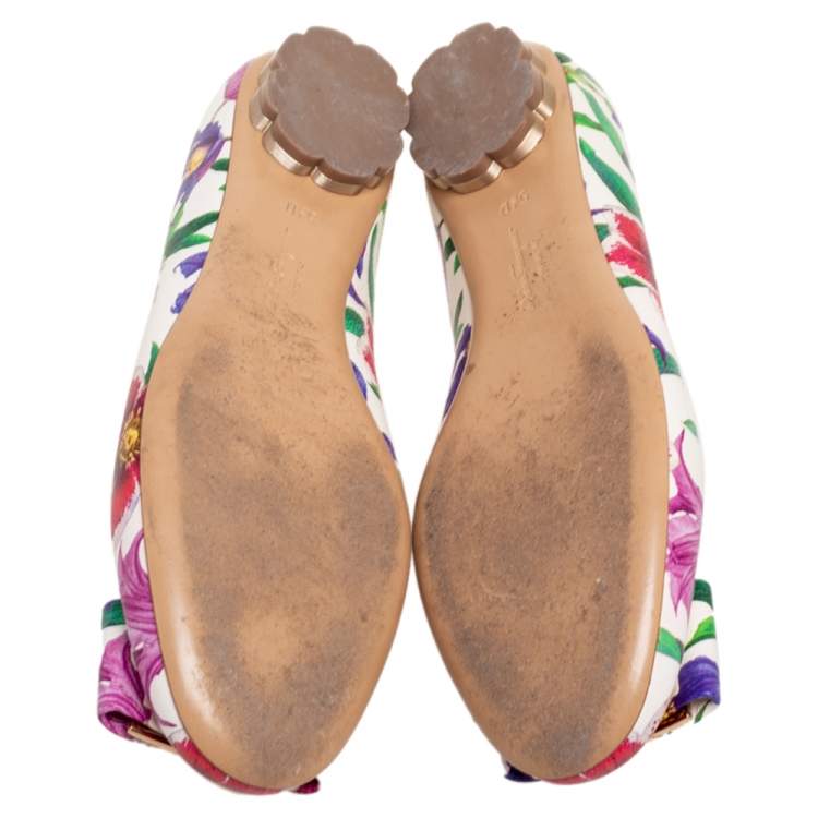 Pre Owned Salvatore Ferragamo Multicolor Floral Print Leather Avola Bow Ballet Flats Size 36 